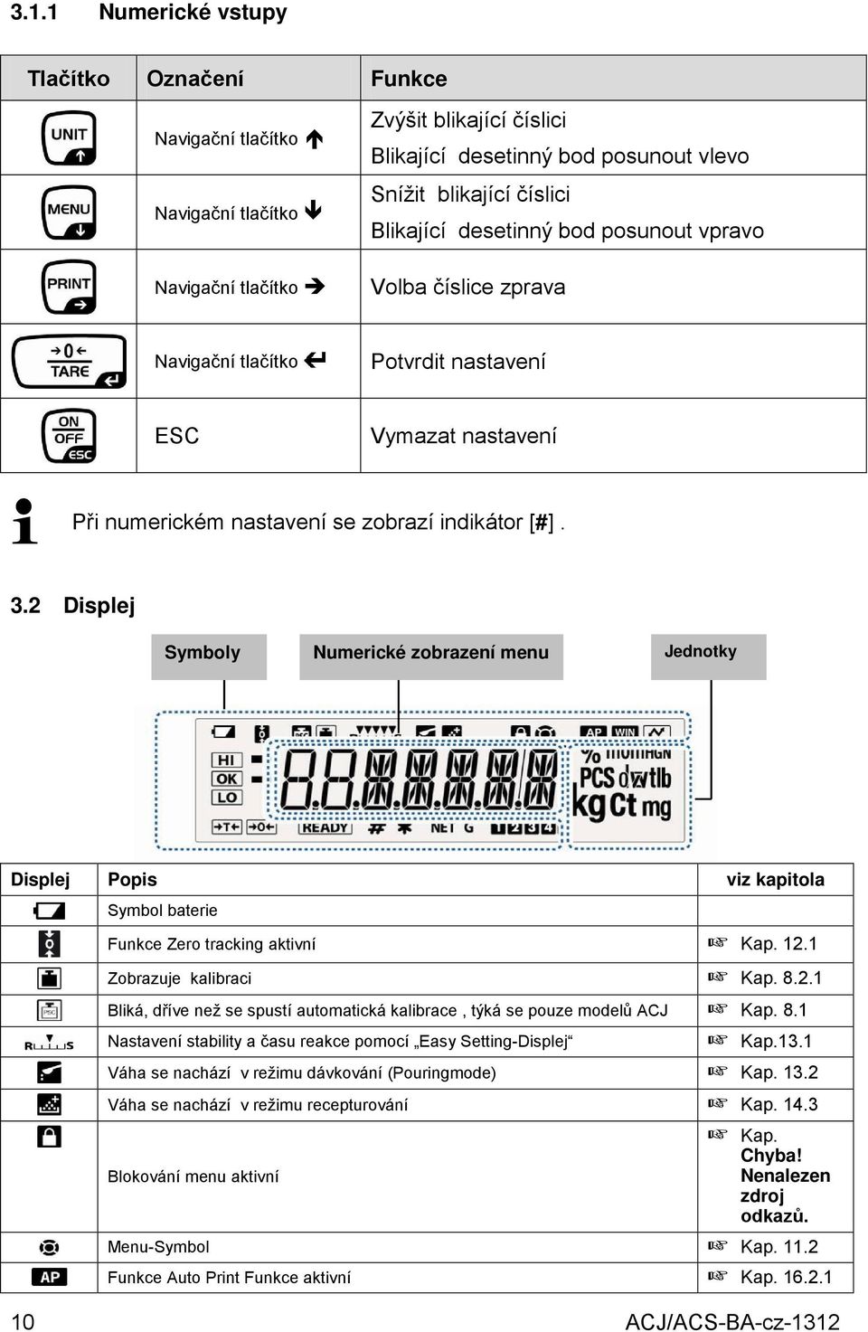 2 Displej Symboly Numerické zobrazení menu Jednotky Displej Popis viz kapitola Symbol baterie Funkce Zero tracking aktivní + Kap. 12.1 Zobrazuje kalibraci + Kap. 8.2.1 Bliká, dříve než se spustí automatická kalibrace, týká se pouze modelů ACJ + Kap.