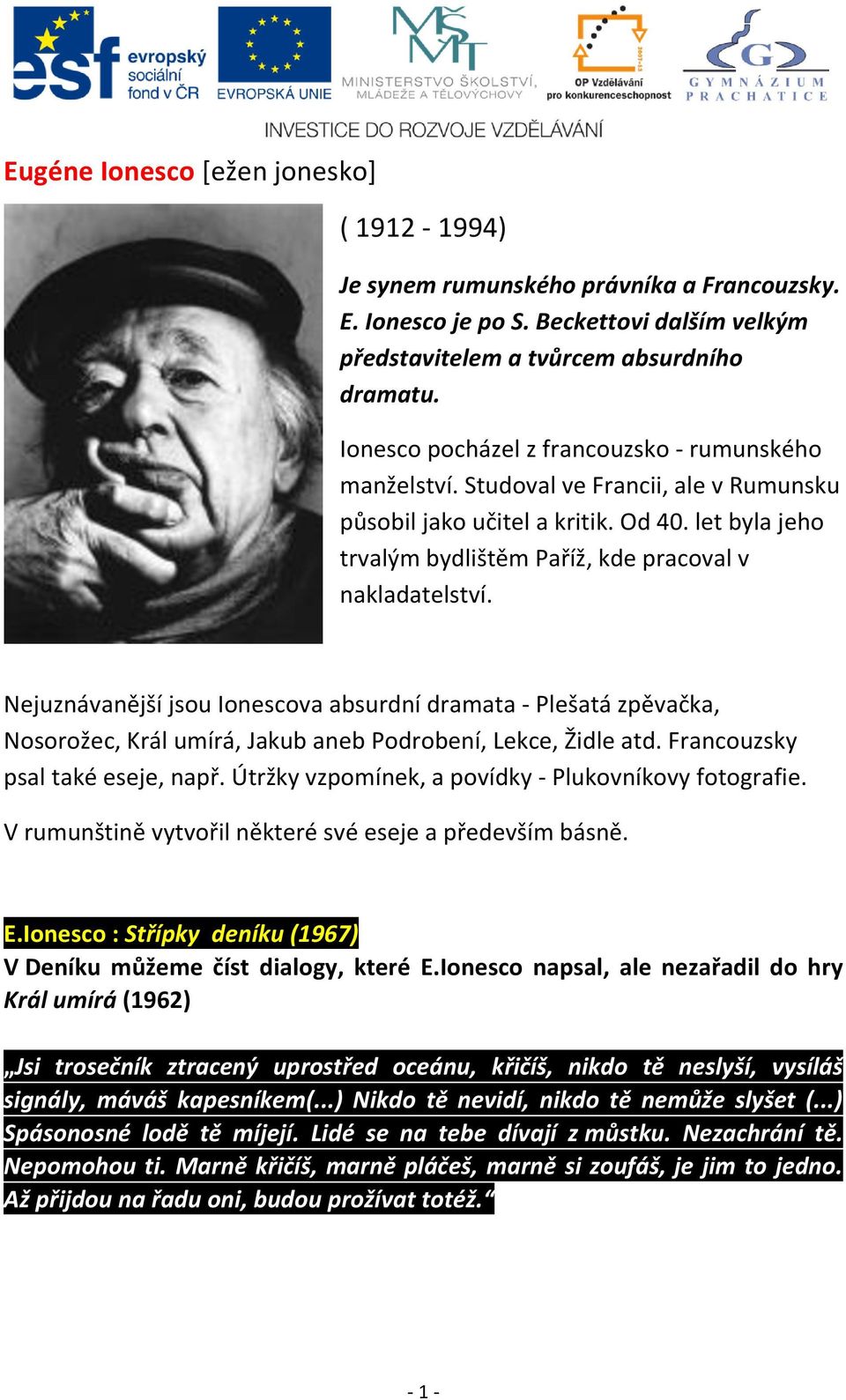 Nejuznávanější jsou Ionescova absurdní dramata - Plešatá zpěvačka, Nosorožec, Král umírá, Jakub aneb Podrobení, Lekce, Židle atd. Francouzsky psal také eseje, např.