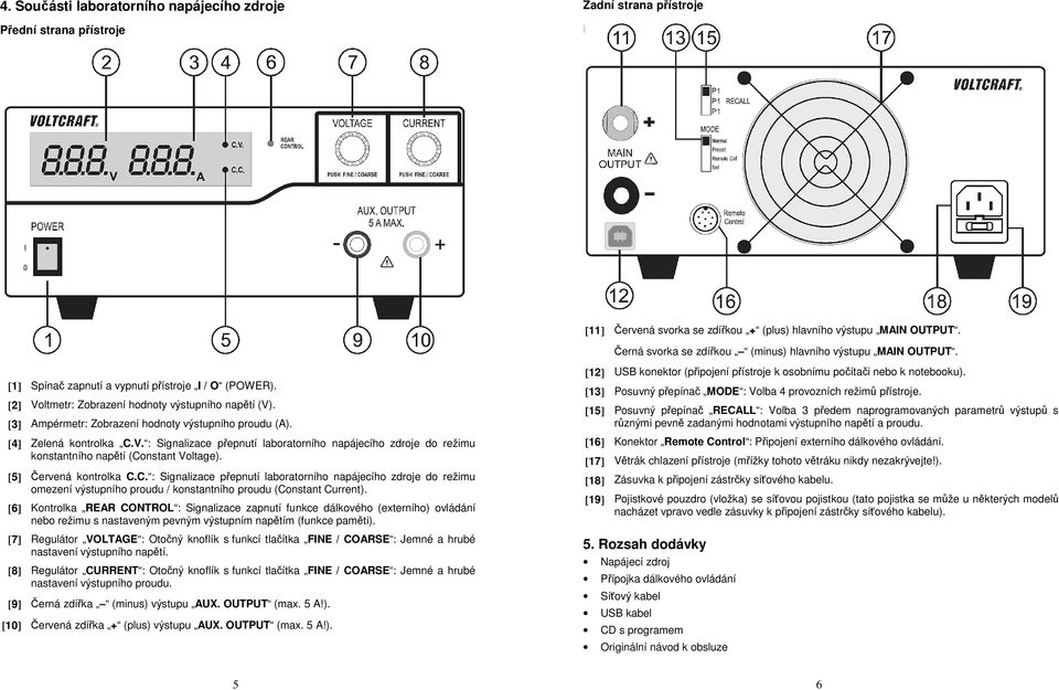 [3] Ampérmetr: Zobrazení hodnoty výstupního proudu (A). [4] Zelená kontrolka C.V. : Signalizace přepnutí laboratorního napájecího zdroje do režimu konstantního napětí (Constant Voltage).