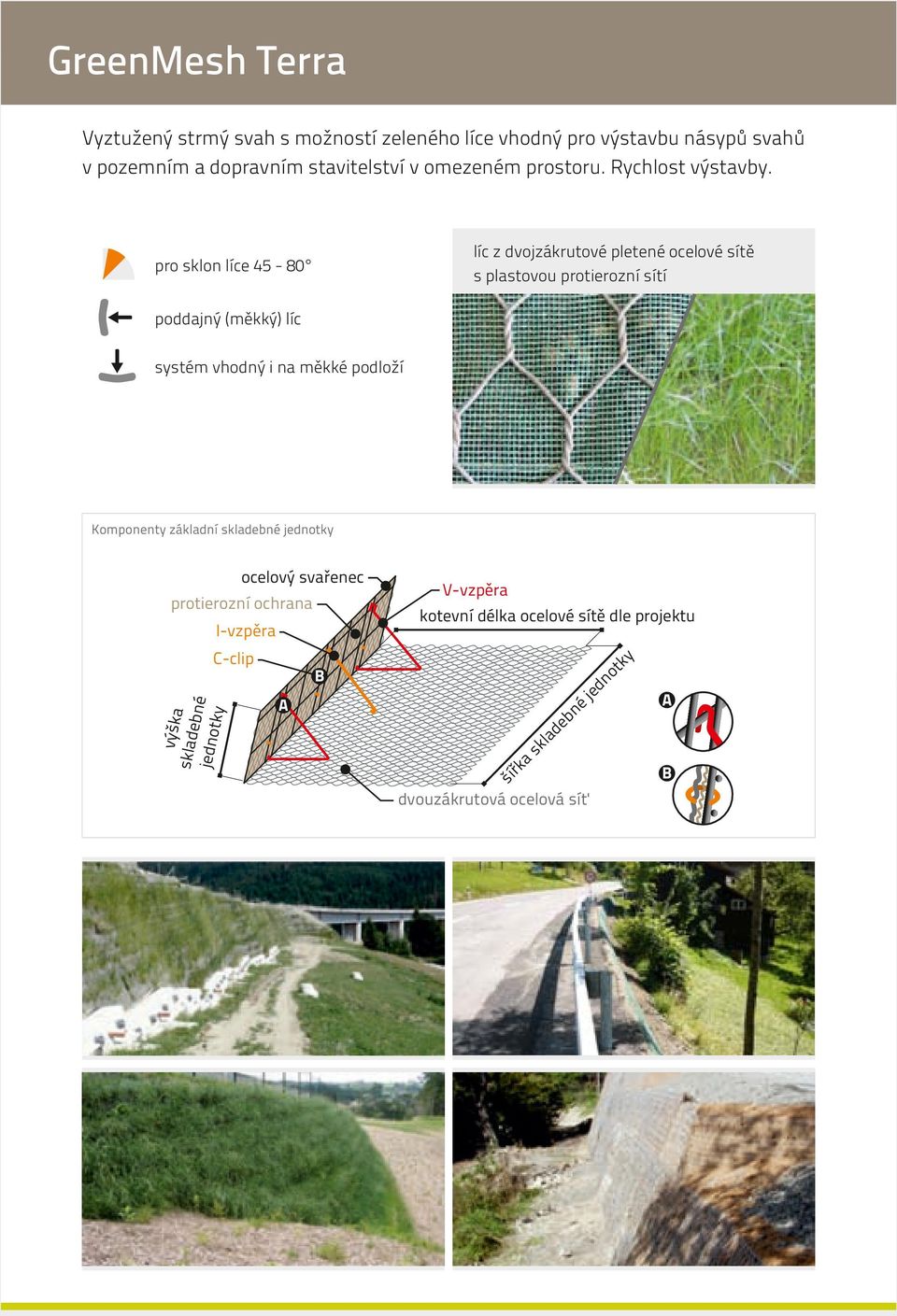 líc z dvojzákrutové pletené ocelové sítě s plastovou protierozní sítí pro sklon líce 45-80 poddajný (měkký) líc systém vhodný