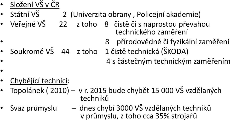 technická (ŠKODA) 4 s částečným technickým zaměřením Chybějící technici: Topolánek ( 2010) vr.