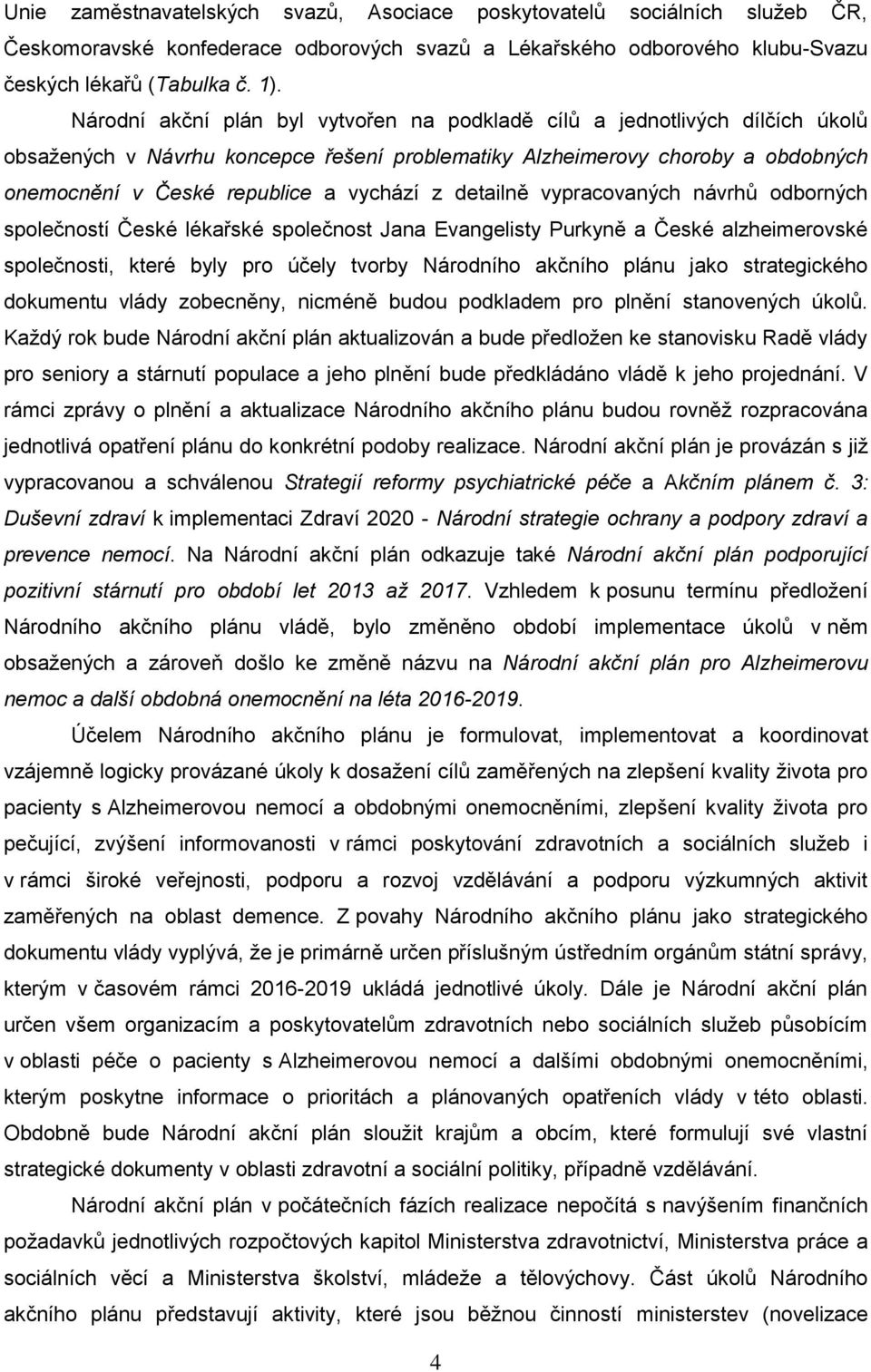 z detailně vypracovaných návrhů odborných společností České lékařské společnost Jana Evangelisty Purkyně a České alzheimerovské, které byly pro účely tvorby Národního akčního plánu jako strategického