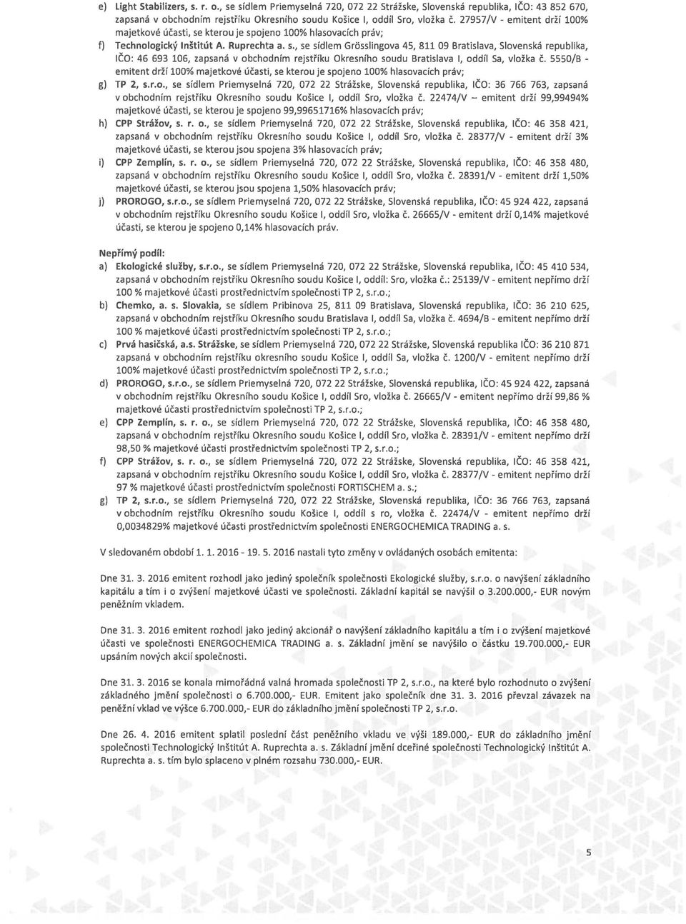 kterou je spojeno 100% hlasovacích práv; f) Technologický lnštitút A. Ruprechta a. s., se sídlem Grösslingova 45, 811 09 Bratislava, Slovenská republika, IČO: 46 693 106, zapsaná v obchodním rejstříku Okresního soudu Bratislava I, oddíl Sa, vložka č.