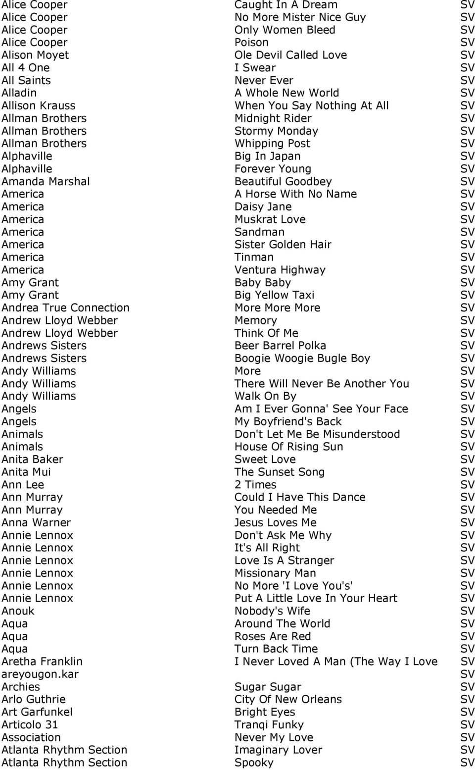 Big In Japan SV Alphaville Forever Young SV Amanda Marshal Beautiful Goodbey SV America A Horse With No Name SV America Daisy Jane SV America Muskrat Love SV America Sandman SV America Sister Golden