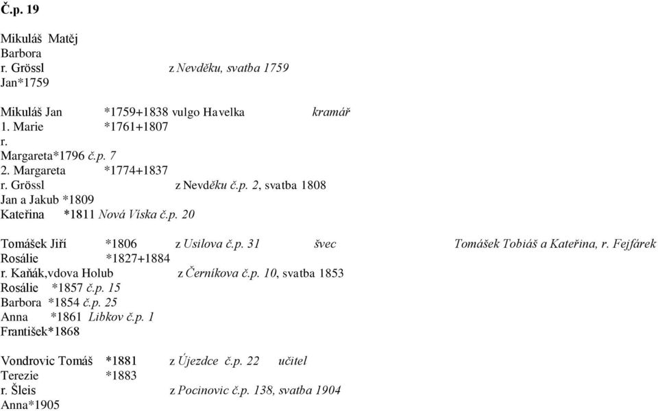 p. 10, svatba 1853 Rosálie *1857 č.p. 15 Barbora *1854 č.p. 25 Anna *1861 Libkov č.p. 1 František*1868 Vondrovic Tomáš *1881 z Újezdce č.p. 22 učitel Terezie *1883 Šleis z Pocinovic č.