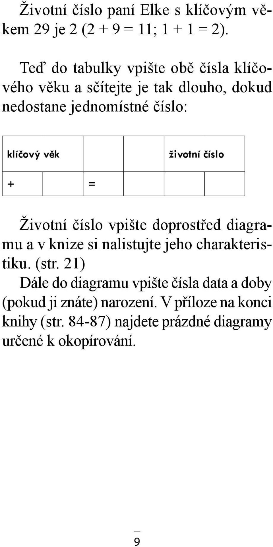 věk životní číslo + = Životní číslo vpište doprostřed diagramu a v knize si nalistujte jeho charakteristiku. (str.