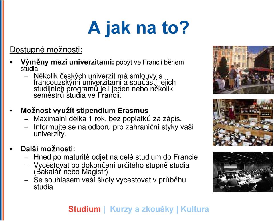 studijních programů je i jeden nebo několik semestrů studia ve Francii.