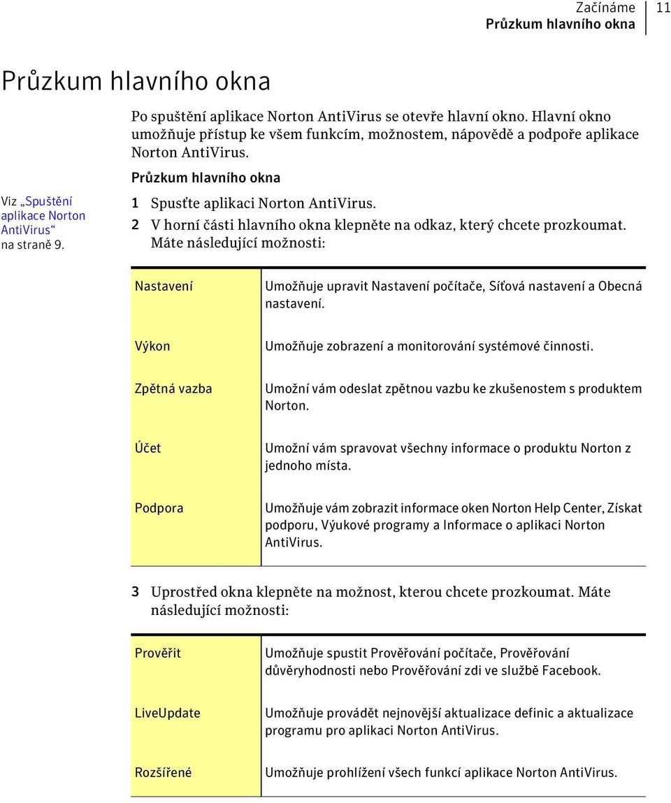 1 Spusťte aplikaci Norton AntiVirus. 2 V horní části hlavního okna klepněte na odkaz, který chcete prozkoumat.