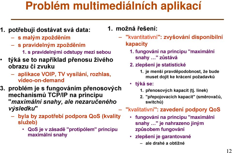 problém je s fungováním přenosových mechanismů TCP/IP na principu "maximální snahy, ale nezaručeného výsledku" byla by zapotřebí podpora QoS (kvality služeb) QoS je v zásadě "protipólem" principu