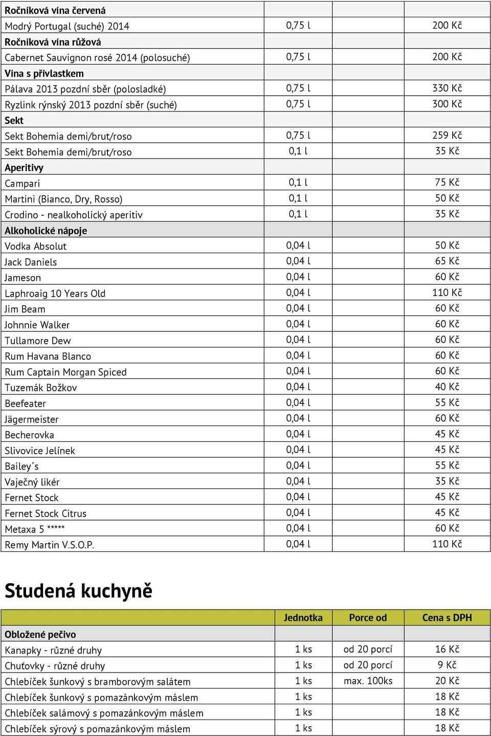(Bianco, Dry, Rosso) 0,1 l 50 Kč Crodino - nealkoholický aperitiv 0,1 l 35 Kč Alkoholické nápoje Vodka Absolut 0,04 l 50 Kč Jack Daniels 0,04 l 65 Kč Jameson 0,04 l 60 Kč Laphroaig 10 Years Old 0,04