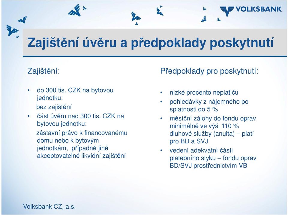 CZK na bytovou jednotku: zástavní právo k financovanému domu nebo k bytovým jednotkám, případně jiné akceptovatelné likvidní