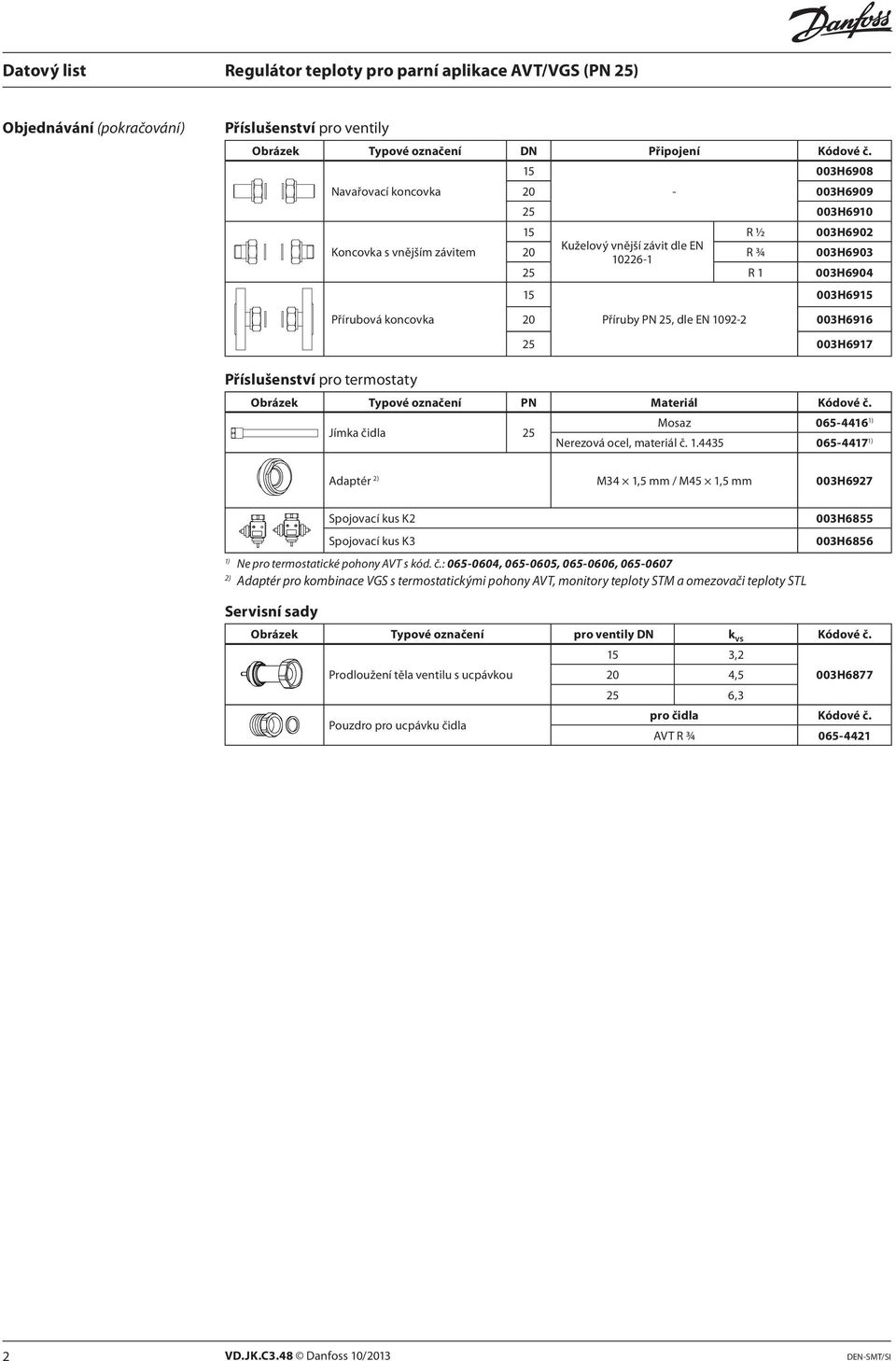 20 Příruby PN 25, dle EN 1092-2 003H6916 25 003H6917 Příslušenství pro termostaty Obrázek Typové označení PN Materiál Kódové č. Mosaz 065-4416 1) Jímka čidla 25 Nerezová ocel, materiál č. 1.4435 065-4417 1) Adaptér 2) M34 1,5 mm / M45 1,5 mm 003H6927 Spojovací kus K2 Spojovací kus K3 1) Ne pro termostatické pohony AVT s kód.