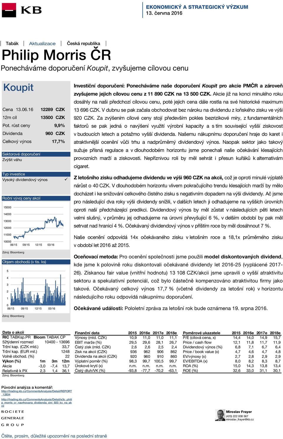 růst ceny 9,9% Dividenda 960 CZK Celkový výnos 17,7% Sektorové doporučení Zvýšit váhu Typ investice Vysoký dividendový výnos Roční vývoj ceny akcií 15000 14000 13000 12000 11000 10000 06/15 09/15