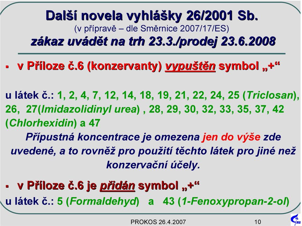 : 1, 2, 4, 7, 12, 14, 18, 19, 21, 22, 24, 25 (Triclosan), 26, 27(Imidazolidinyl urea), 28, 29, 30, 32, 33, 35, 37, 42 (Chlorhexidin) a 47