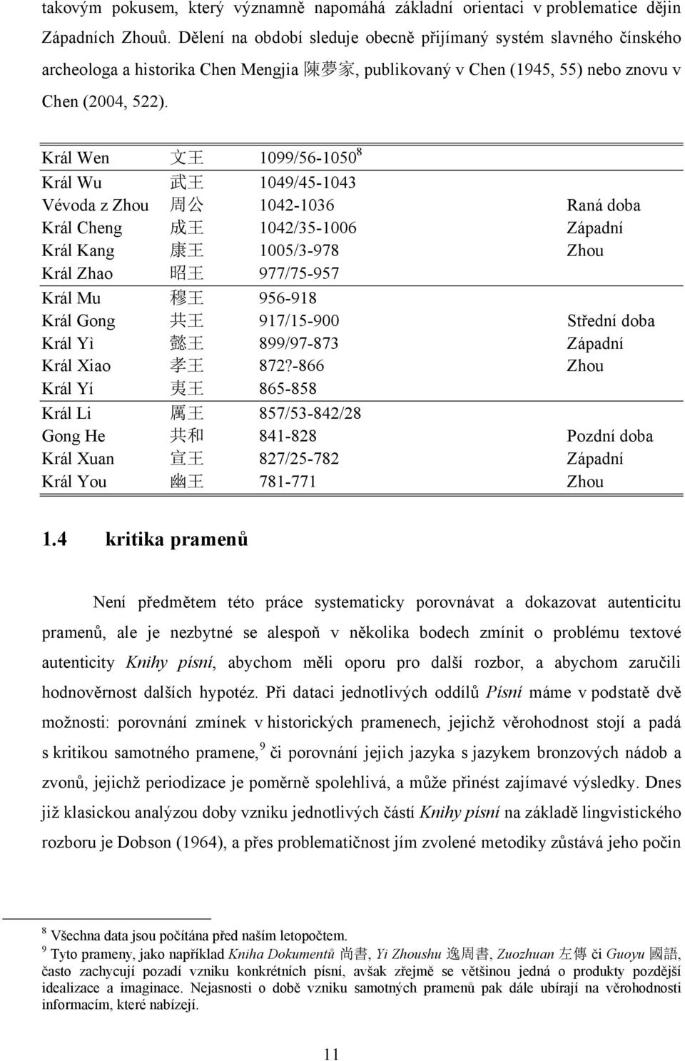 Král Wen 文 王 1099/56-1050 8 Král Wu 武 王 1049/45-1043 Vévoda z Zhou 周 公 1042-1036 Raná doba Král Cheng 成 王 1042/35-1006 Západní Král Kang 康 王 1005/3-978 Zhou Král Zhao 昭 王 977/75-957 Král Mu 穆 王