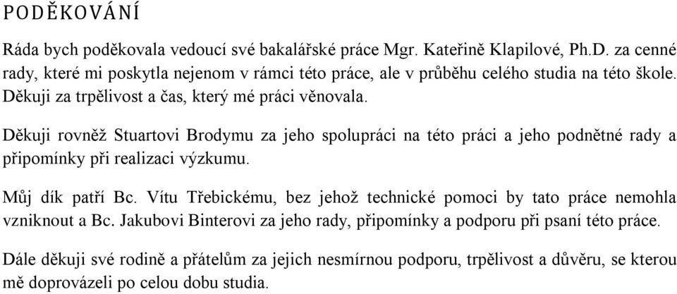 Děkuji rovněž Stuartovi Brodymu za jeho spolupráci na této práci a jeho podnětné rady a připomínky při realizaci výzkumu. Můj dík patří Bc.
