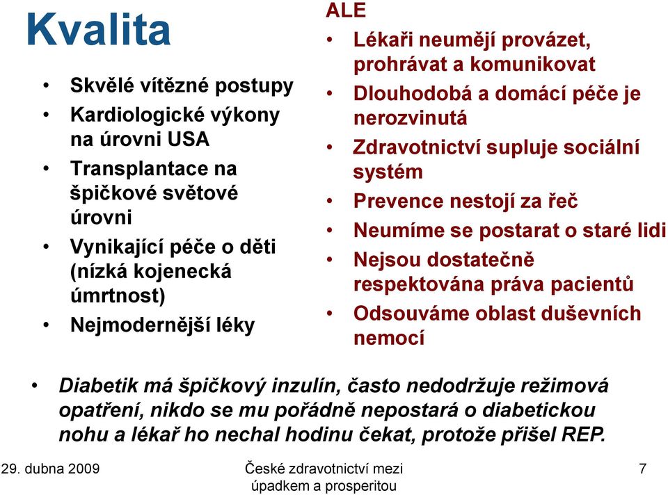 nestojí za řeč Neumíme se postarat o staré lidi Nejsou dostatečně respektována práva pacientů Odsouváme oblast duševních nemocí Diabetik má špičkový inzulín,