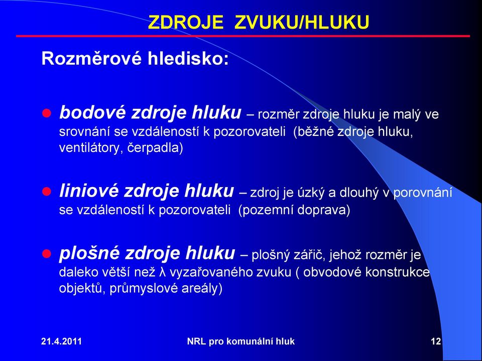 dlouhý v porovnání se vzdáleností k pozorovateli (pozemní doprava) plošné zdroje hluku plošný zářič, jehož
