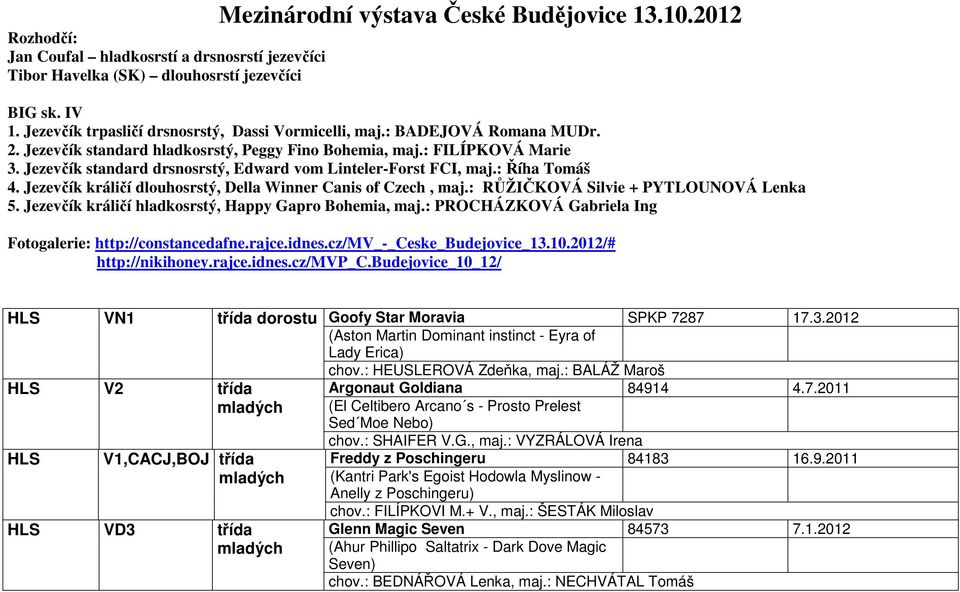 Jezevčík standard drsnosrstý, Edward vom Linteler-Forst FCI, maj.: Říha Tomáš 4. Jezevčík králičí dlouhosrstý, Della Winner Canis of Czech, maj.: RŮŽIČKOVÁ Silvie + PYTLOUNOVÁ Lenka 5.