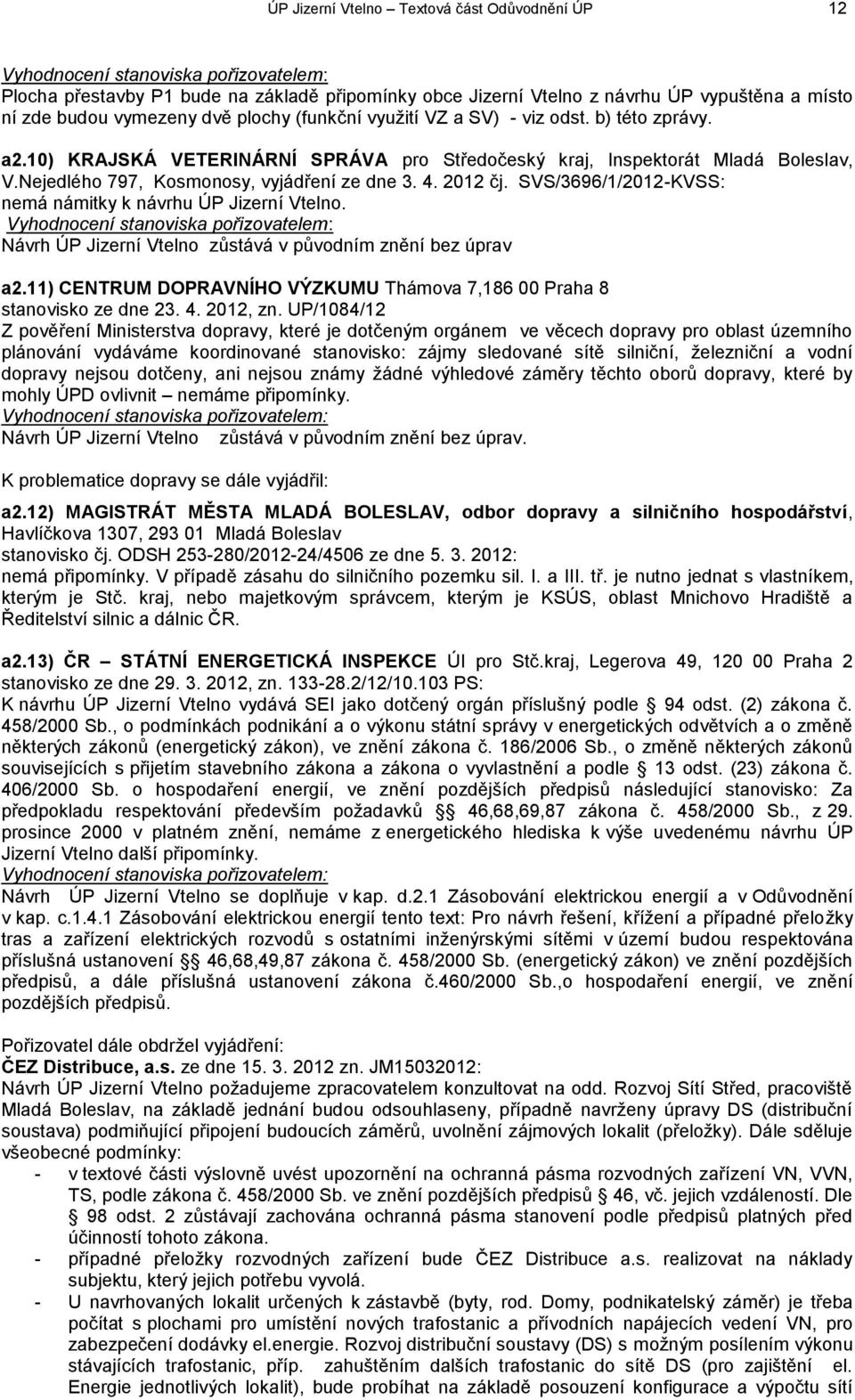 Nejedlého 797, Kosmonosy, vyjádření ze dne 3. 4. 2012 čj. SVS/3696/1/2012-KVSS: nemá námitky k návrhu ÚP Jizerní Vtelno.