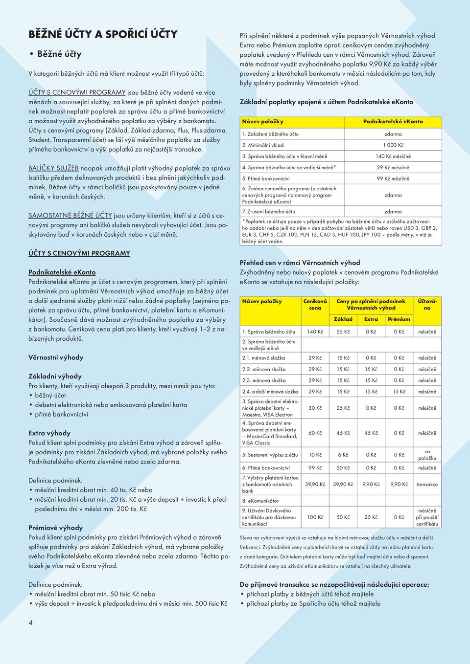 Účty s cenovými programy (Základ, Základ-zdarma, Plus, Plus-zdarma, Student, Transparentní účet) se liší výší měsíčního poplatku za služby přímého bankovnictví a výší poplatků za nejčastější