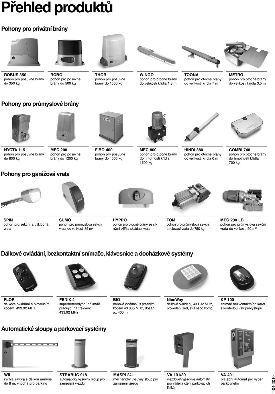 posuvné brány do 4000 kg MEC 800 do hmotnosti křídla 1600 kg HINDI 880 do velikosti křídla 6 m COMBI 740 do hmotnosti křídla 700 kg Pohony pro garážová vrata SPIN pohon pro sekční a výklopná vrata