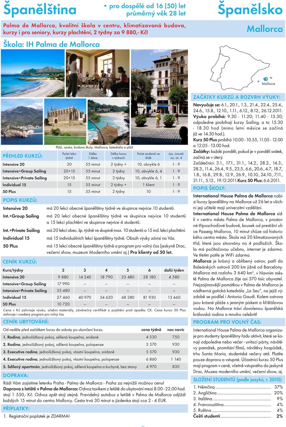 68 280 81 930 13 660 50 Plus 10 720 Cena v Kč zahrnuje výuku, učební materiály, závěrečný certifikát a pojištění proti úpadku CK. Cena kurzu 50 Plus zahrnuje i uvedený program pro volný čas.