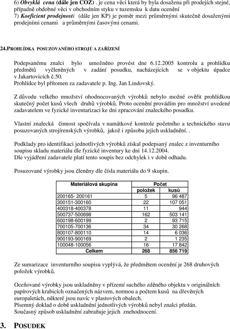 dosaženými prodejními cenami a průměrnými časovými cenami. 24.PROHLÍDKA POSUZOVANÉHO STROJŮ A ZAŘÍZENÍ Podepsanému znalci bylo umožněno provést dne 6.12.