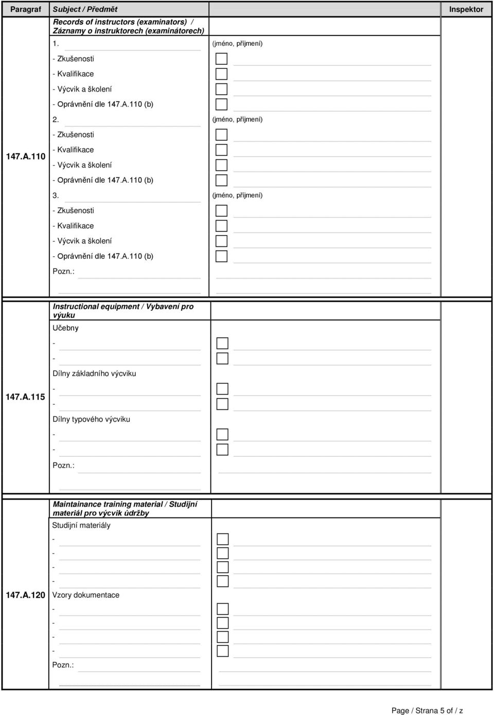 A.110 (b) 3. (jméno, příjmení) Zkušenosti Kvalifikace Výcvik a školení Oprávnění dle 147.A.110 (b) Instructional equipment / Vybavení pro výuku Učebny Dílny základního výcviku 147.