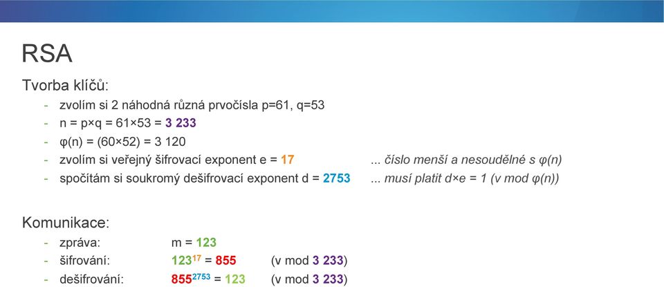 .. číslo menší a nesoudělné s φ(n) - spočítám si soukromý dešifrovací exponent d = 2753.