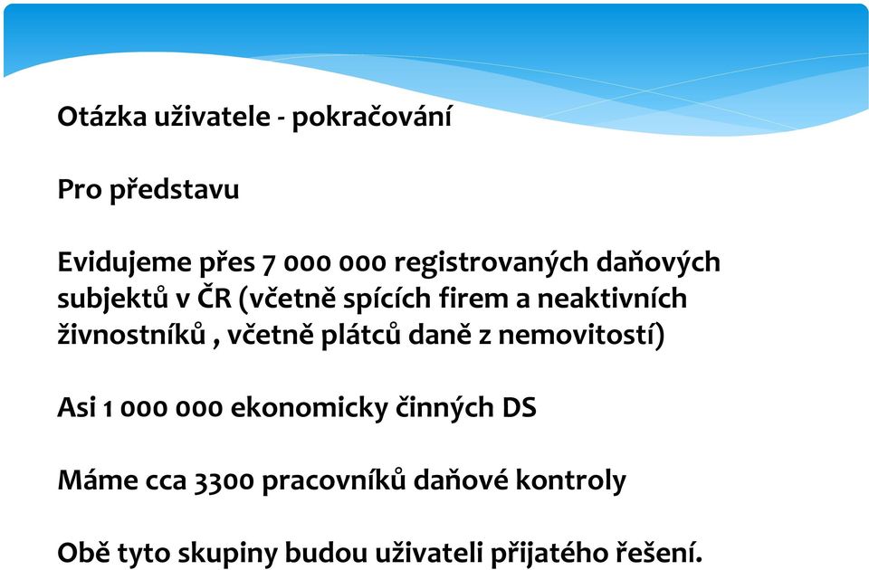 živnostníků, včetně plátců daně z nemovitostí) Asi 1 000 000 ekonomicky činných