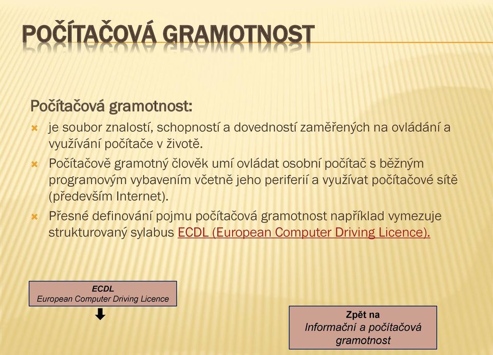 Počítačově gramotný člověk umí ovládat osobní počítač s běžným programovým vybavením včetně jeho periferií a využívat