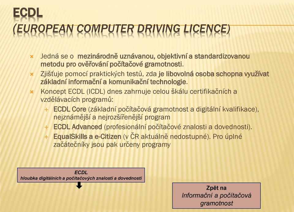 Koncept ECDL (ICDL) dnes zahrnuje celou škálu certifikačních a vzdělávacích programů: ECDL Core (základní počítačová gramotnost a digitální kvalifikace), nejznámější a