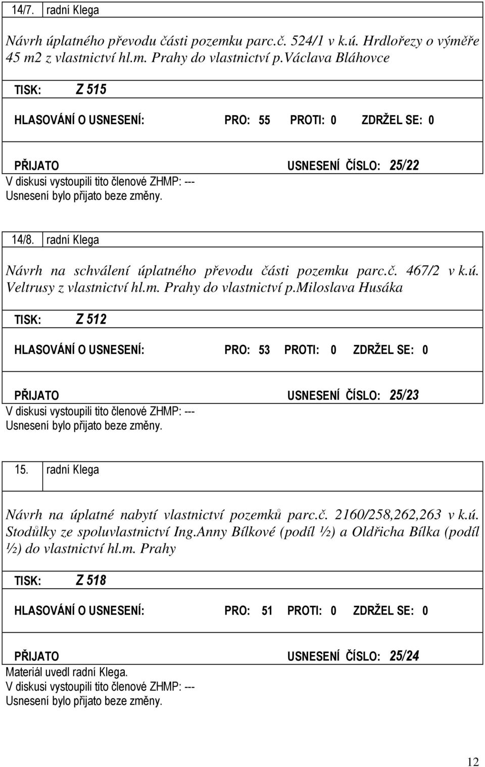 m. Prahy do vlastnictví p.miloslava Husáka TISK: Z 512 HLASOVÁNÍ O USNESENÍ: PRO: 53 PROTI: 0 ZDRŽEL SE: 0 PŘIJATO USNESENÍ ČÍSLO: 25/23 15.