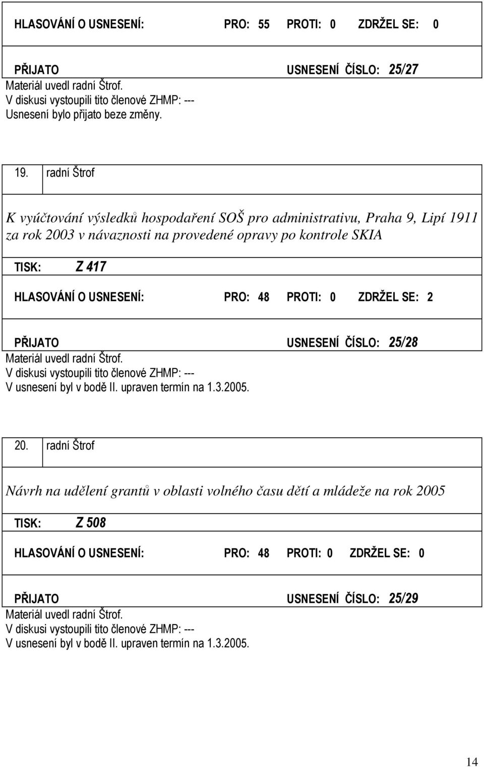 USNESENÍ: PRO: 48 PROTI: 0 ZDRŽEL SE: 2 PŘIJATO USNESENÍ ČÍSLO: 25/28 Materiál uvedl radní Štrof. V usnesení byl v bodě II. upraven termín na 1.3.2005. 20.