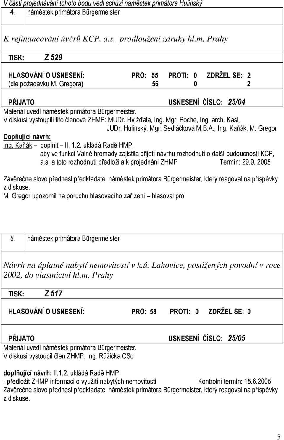 Hulinský, Mgr. Sedláčková M.B.A., Ing. Kaňák, M. Gregor Dopňující návrh: Ing. Kaňák doplnit II. 1.2.