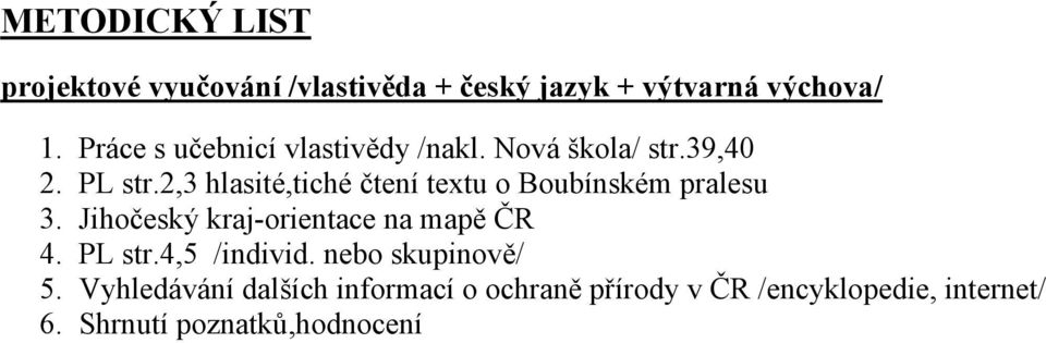 2,3 hlasité,tiché čtení textu o Boubínském pralesu 3. Jihočeský kraj-orientace na mapě ČR 4.