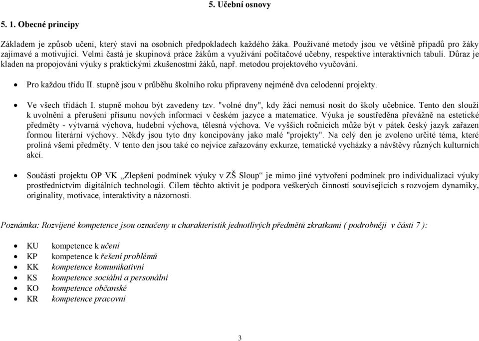 metodou projektového vyučování. Pro každou třídu II. stupně jsou v průběhu školního roku připraveny nejméně dva celodenní projekty. Ve všech třídách I. stupně mohou být zavedeny tzv.