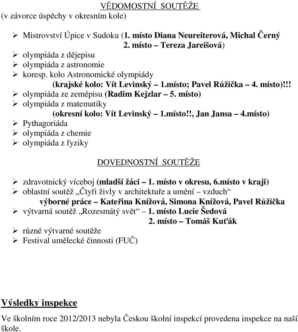 !! olympiáda ze zeměpisu (Radim Kejzlar 5. místo) olympiáda z matematiky (okresní kolo: Vít Levinský 1.místo!!, Jan Jansa 4.