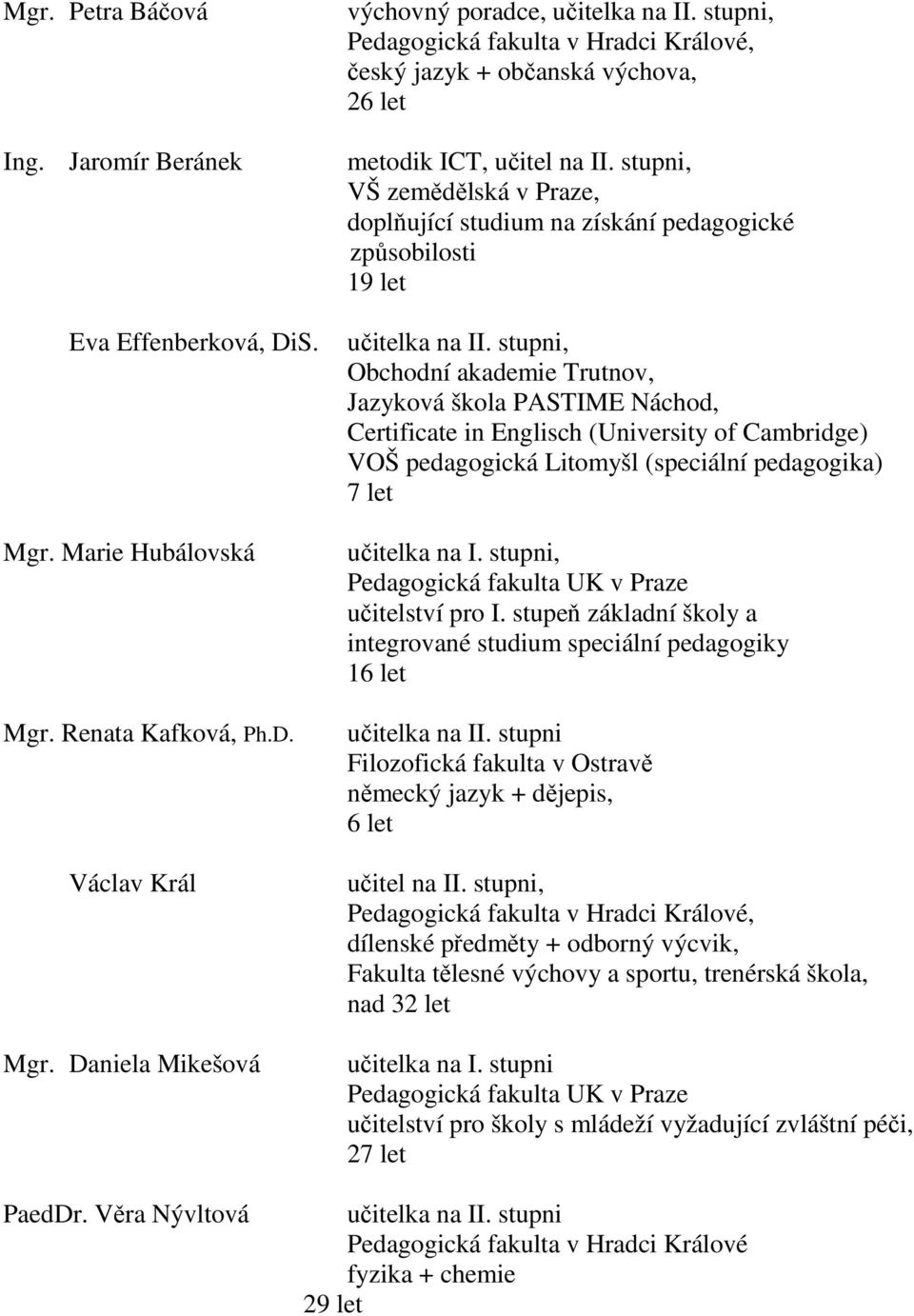 stupni, VŠ zemědělská v Praze, doplňující studium na získání pedagogické způsobilosti 19 let učitelka na II.