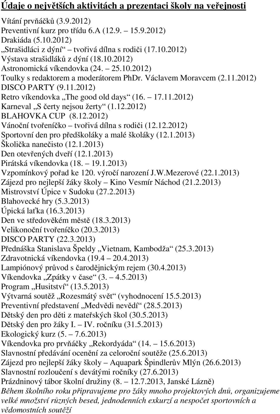 Václavem Moravcem (2.11.2012) DISCO PARTY (9.11.2012) Retro víkendovka The good old days (16. 17.11.2012) Karneval S čerty nejsou žerty (1.12.2012) BLAHOVKA CUP (8.12.2012) Vánoční tvořeníčko tvořivá dílna s rodiči (12.
