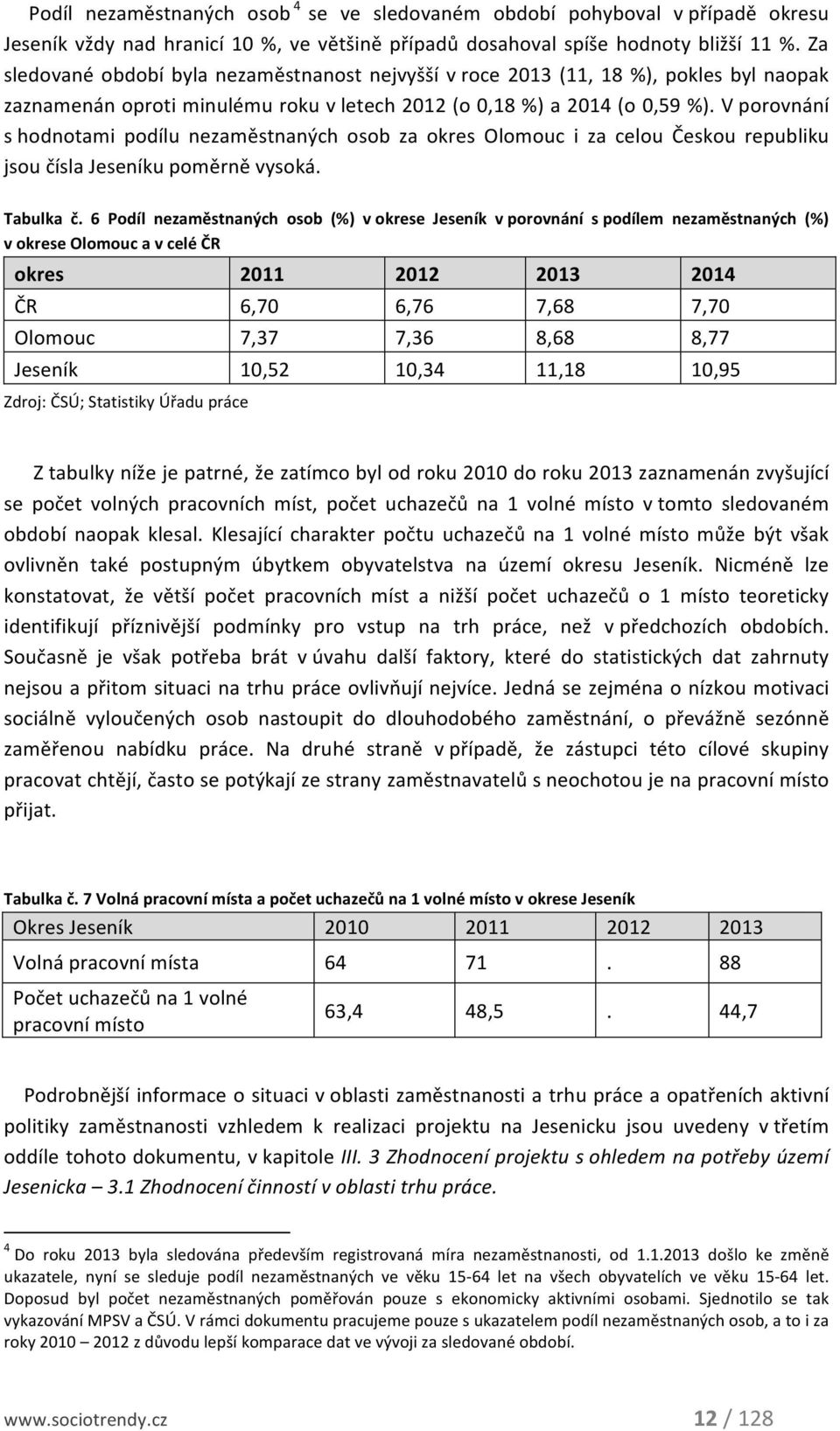 V porovnání s hodnotami podílu nezaměstnaných osob za okres Olomouc i za celou Českou republiku jsou čísla Jeseníku poměrně vysoká. Tabulka č.