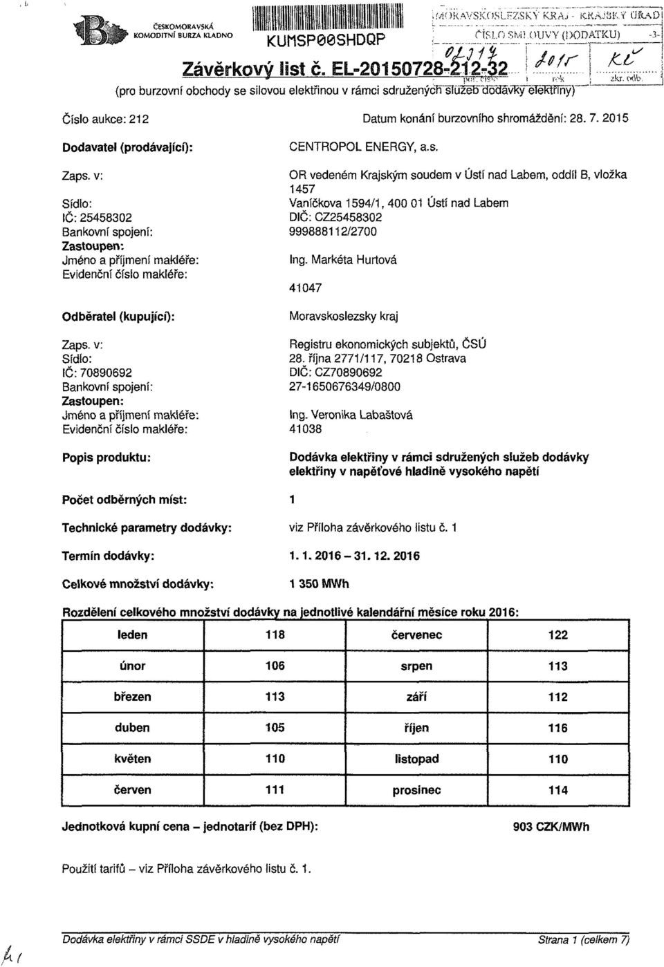 CKÍb Číslo aukce: 212 Dodavatel (prodávající): Zaps. v: Sídlo: IČ: 2545832 Bankovní spojení: Zastoupen: Jméno a příjmení makléře: Evidenční číslo makléře: dběratel (kupující): Zaps.