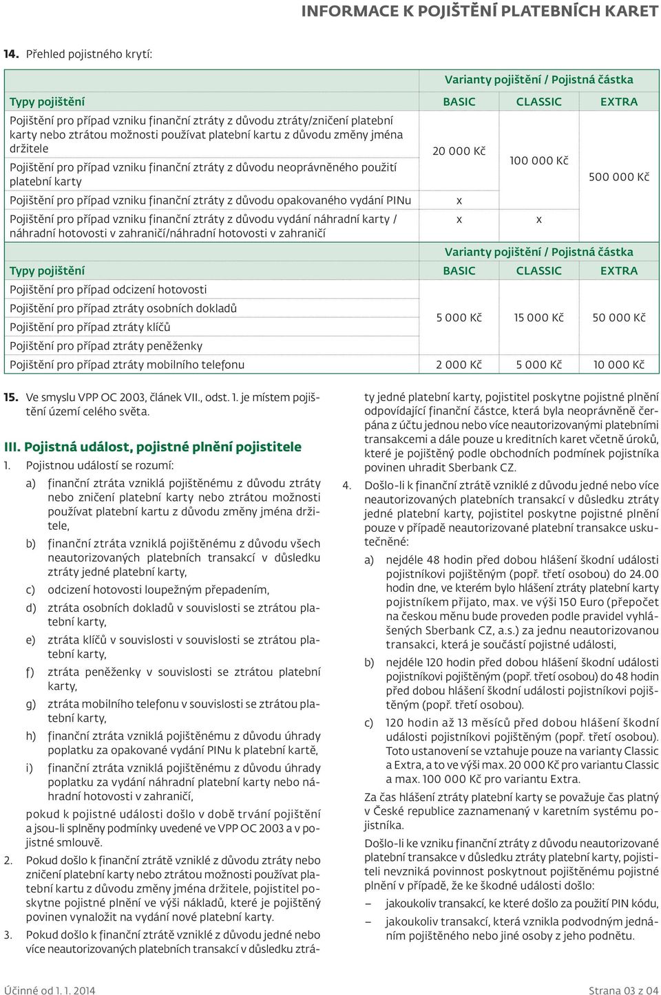 náhradní hotovosti v zahraničí/náhradní hotovosti v zahraničí 20 000 Kč 100 000 Kč 500 000 Kč Varianty pojištění / Pojistná částka Typy pojištění BASIC CLASSIC EXTRA Pojištění pro případ odcizení