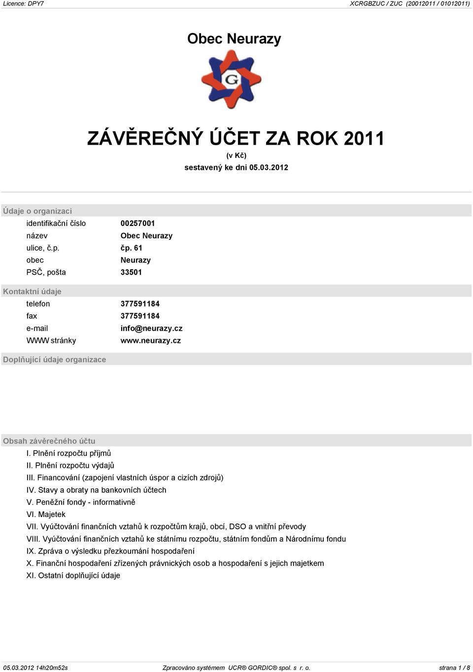 Plnìní rozpoètu pøíjmù II. Plnìní rozpoètu výdajù III. Financování (zapojení vlastních úspor a cizích zdrojù) IV. Stavy a obraty na bankovních úètech V. Penìžní fondy - informativnì VI. Majetek VII.