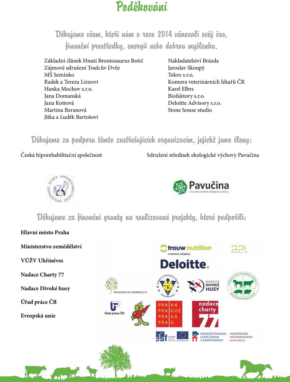 r.o. Komora veterinárních lékařů ČR Karel Elbrs Biofaktory s.r.o. Deloitte Advisory s.r.o. Stone house studio Děkujeme za podporu těmto zastřešujících organizacím, jejichž jsme členy: Česká
