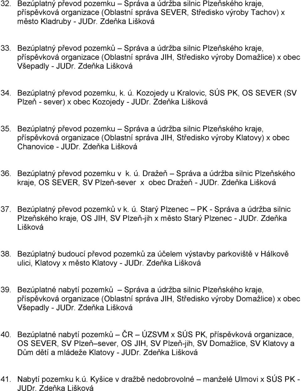 Bezúplatný převod pozemku, k. ú. Kozojedy u Kralovic, SÚS PK, OS SEVER (SV Plzeň - sever) x obec Kozojedy - JUDr. Zdeňka Lišková 35.