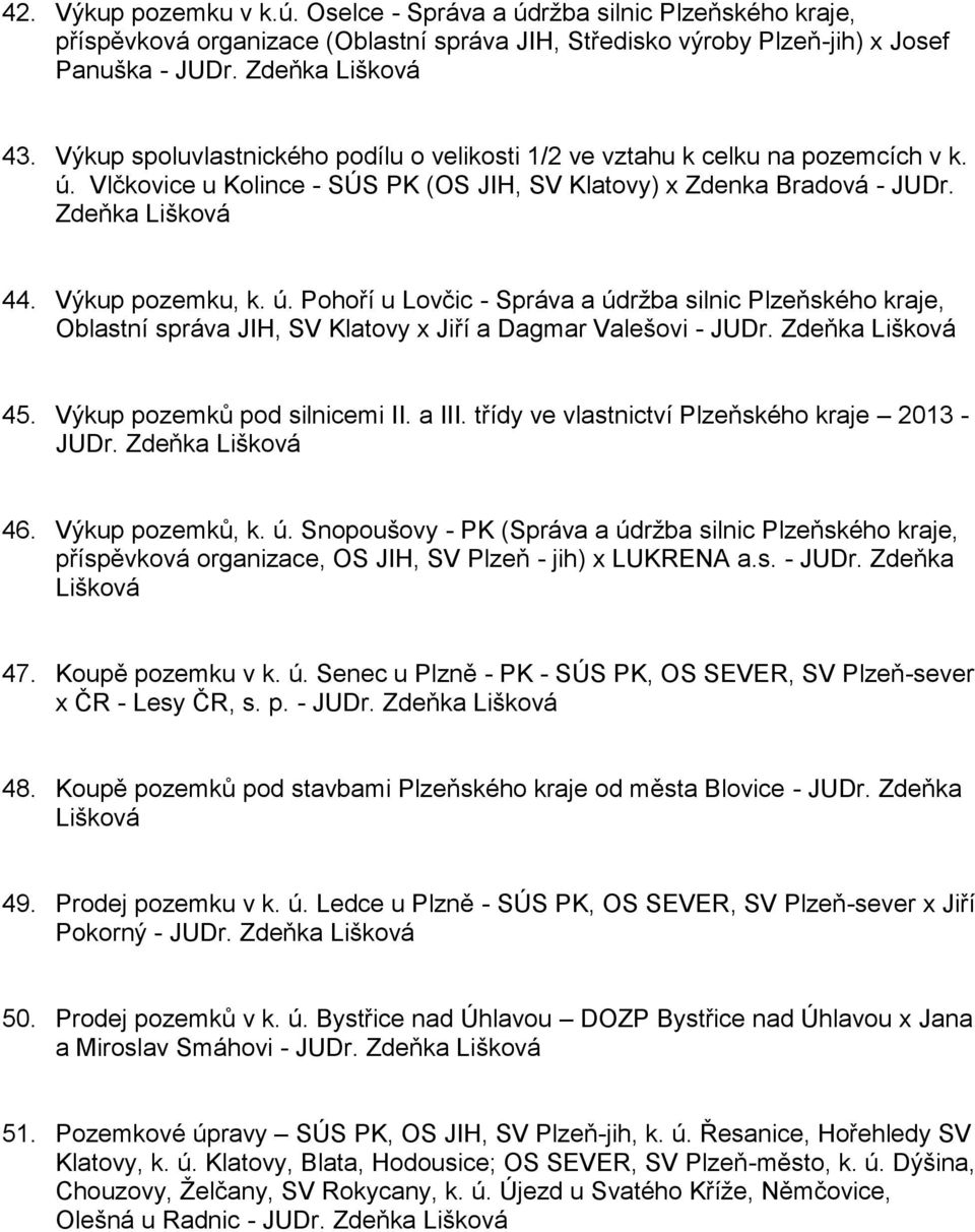 Vlčkovice u Kolince - SÚS PK (OS JIH, SV Klatovy) x Zdenka Bradová - JUDr. Zdeňka Lišková 44. Výkup pozemku, k. ú.