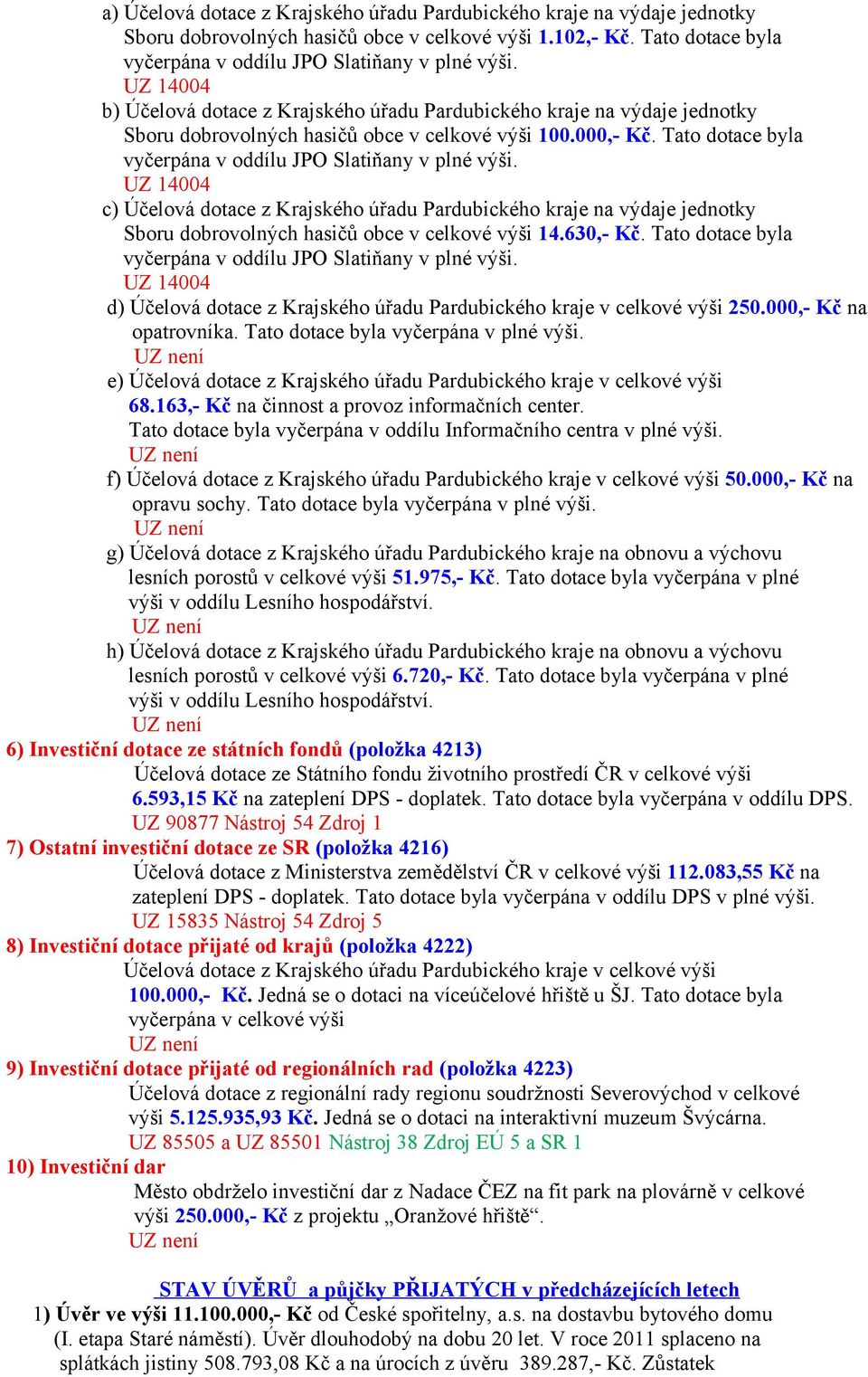 Tato dotace byla vyčerpána v oddílu JPO Slatiňany v plné výši. UZ 14004 c) Účelová dotace z Krajského úřadu Pardubického kraje na výdaje jednotky Sboru dobrovolných hasičů obce v celkové výši 14.