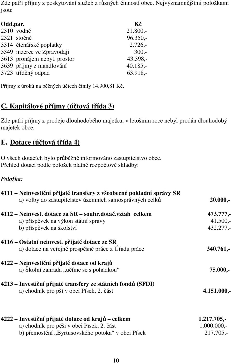 Kapitálové příjmy (účtová třída 3) Zde patří příjmy z prodeje dlouhodobého majetku, v letošním roce nebyl prodán dlouhodobý majetek obce. E.